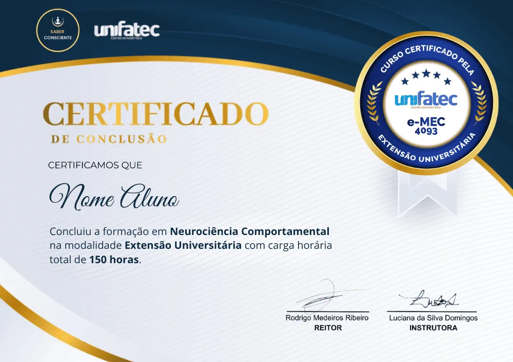Exemplo do Certificado Extensão Universitária Neurociência Comportamental MEC