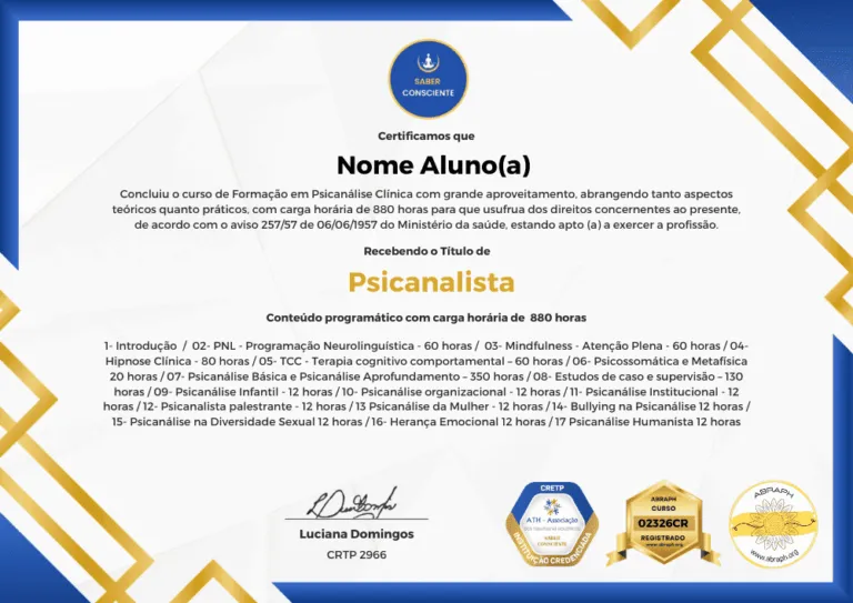 Modelo do Certificado de Psicanálise - 880 horas